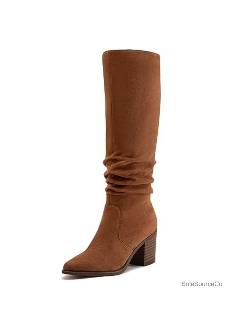 Knee High Faux Suede Pointed Toe Chunky Heel Slouchy Boots